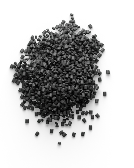 Mörkgrått plastgranulat av REZYcom ABS som är en återvunnen plast